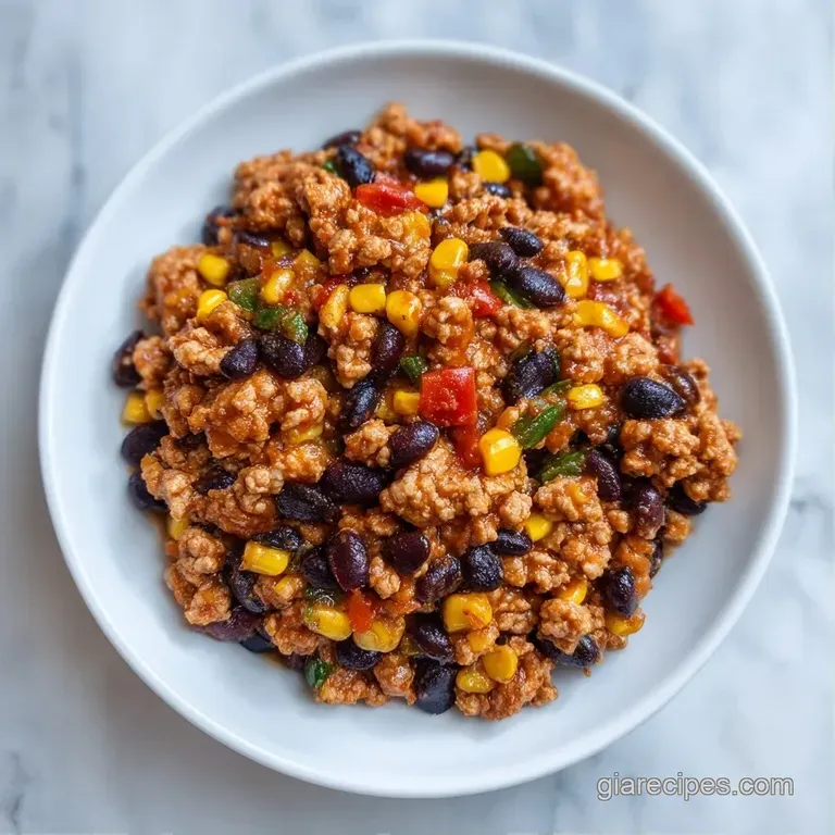 Vibrant taco filling in a white ceramic bowl topped with shredded lettuce and bright red diced tomatoes.