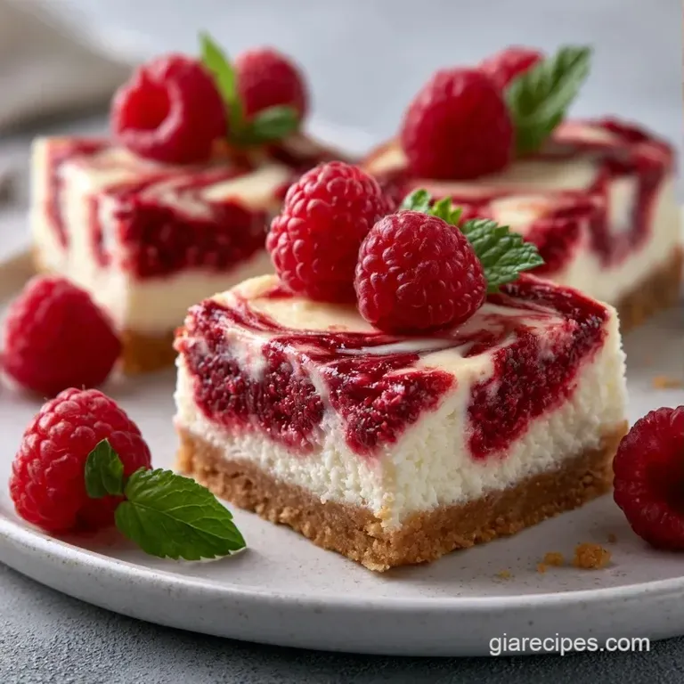 A neat slice of creamy white cheesecake topped with red berry swirls on a plate, garnished with a fresh raspberry.