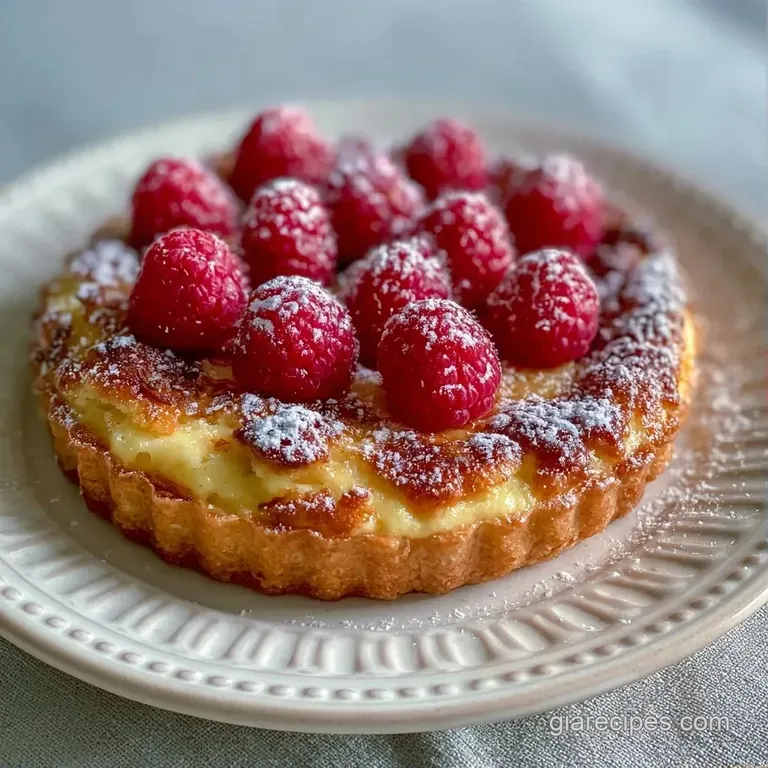 A slice of golden custard cake topped with fresh raspberries on a white plate, sprinkled with fine powdered sugar.
