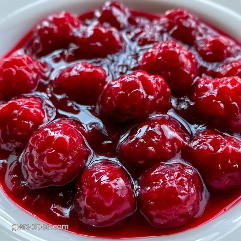 A glossy swirl of bright red berry sauce atop a creamy white cake slice, garnished with a fresh mint leaf.