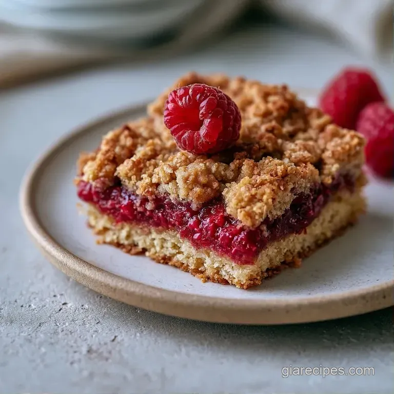 Square pastry slices with vibrant red filling arranged on a white ceramic plate with a dusting of powdered sugar.