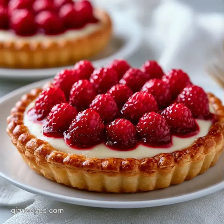 Elegant assortment of flaky pastry cups on a white platter, topped with bright red berries and a glossy glaze.