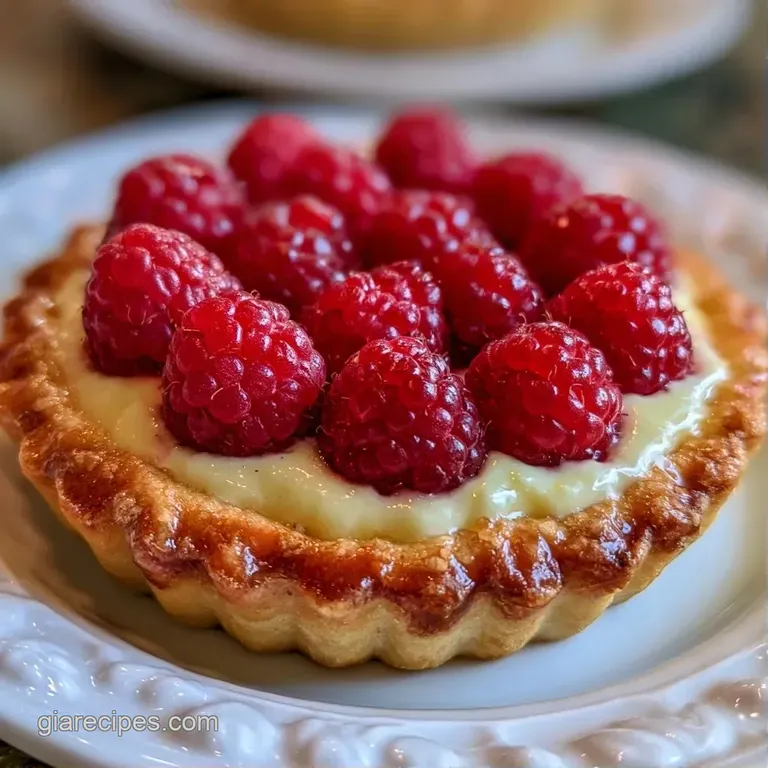 A neat slice of buttery pastry with cream and red berries on a white plate, accented by a sprig of fresh mint.