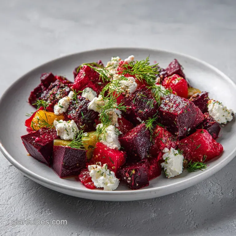 A vibrant salad artfully arranged with ruby-red beets, creamy feta, and bright green dill