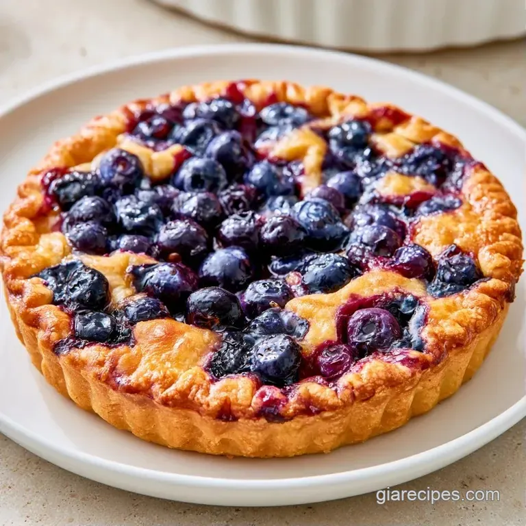 A slice of berry tart on a white plate, dusted with powdered sugar and garnished with a fresh green mint leaf.