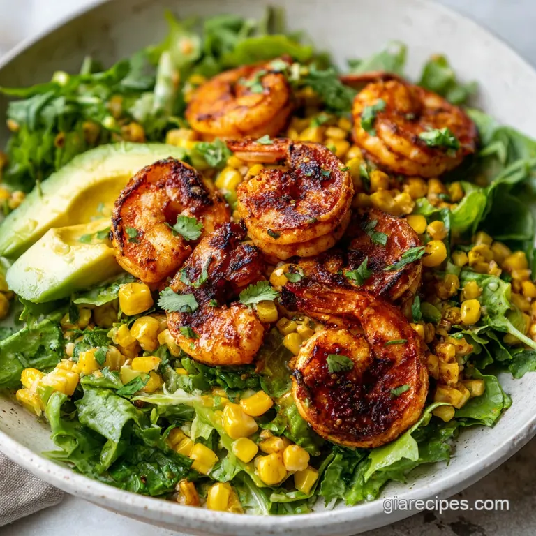 Vibrant bowl of seasoned pink shrimp, diced mango, sliced avocado, and purple cabbage with a drizzle of white crema.