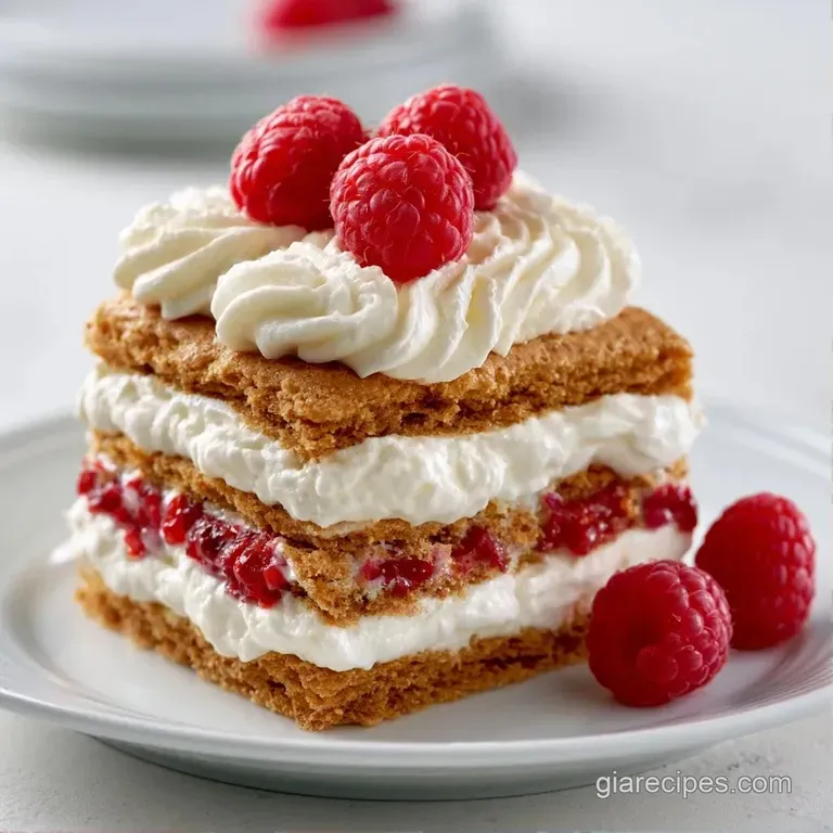 A slice of creamy layered cake topped with a fresh raspberry and a mint leaf on a white porcelain platter.