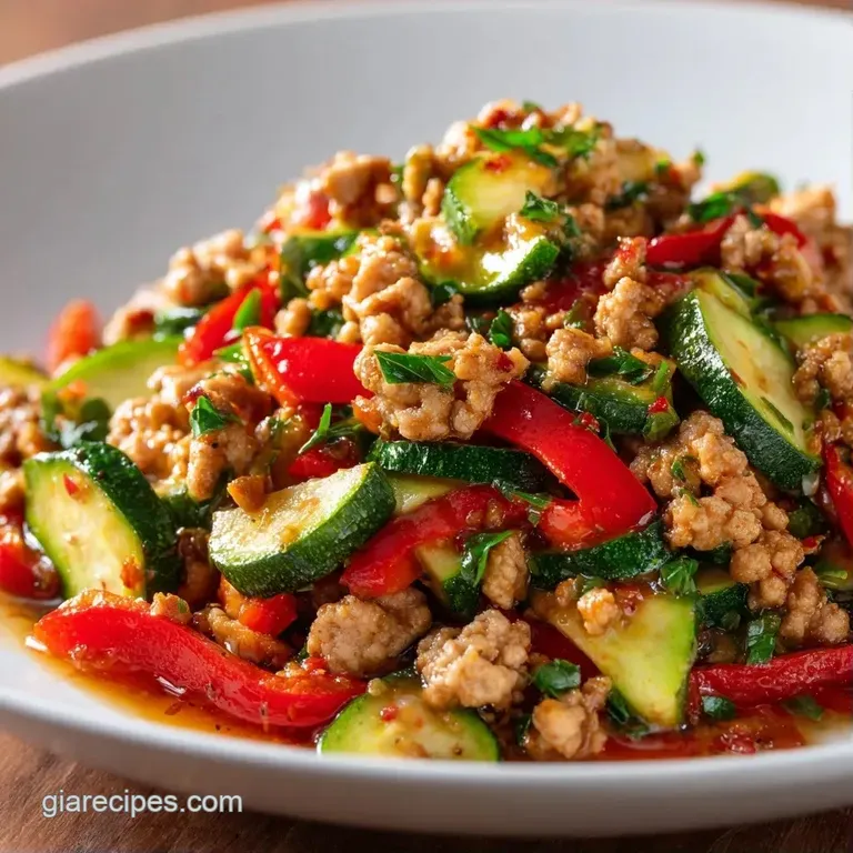 Saut&eacute;ed turkey and vibrant garden vegetables elegantly plated on a white ceramic dish with a sprinkle of fresh herbs.
