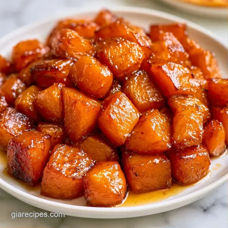 Golden cubes of roasted squash arranged on a ceramic plate, glistening under a sweet glaze with green herb accents.