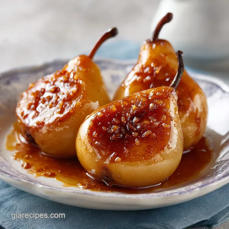 Three soft, golden pear halves on a ceramic plate with drizzled amber honey and a delicate dusting of cinnamon.