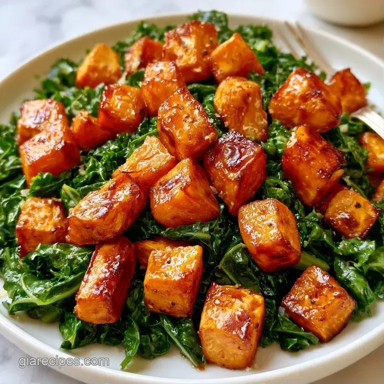 Vibrant orange roasted tubers and crisp kale arranged on a white plate, drizzled with a glossy maple glaze.