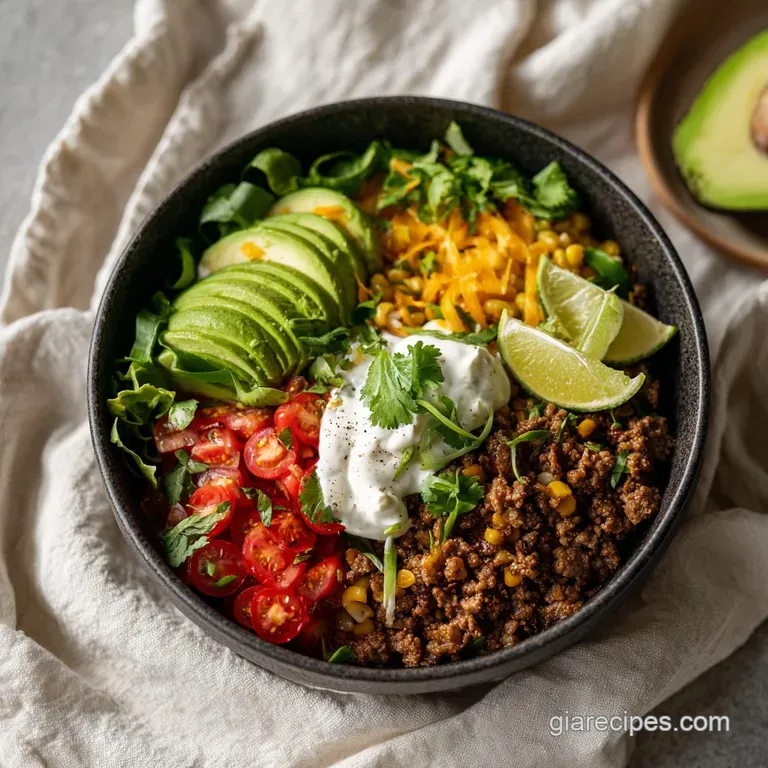 Neatly arranged taco bowl with layers of seasoned turkey, colorful salsa, dollops of sour cream, and fresh cilantro.