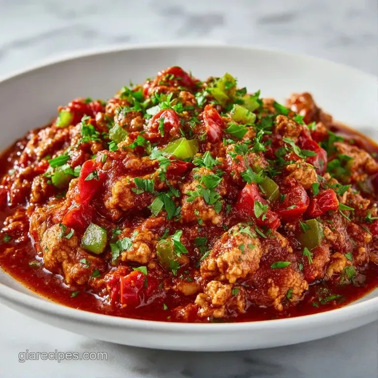 Deep red chunky stew served in a stoneware bowl alongside toasted cornbread and a small dish of diced jalape&ntilde;os.
