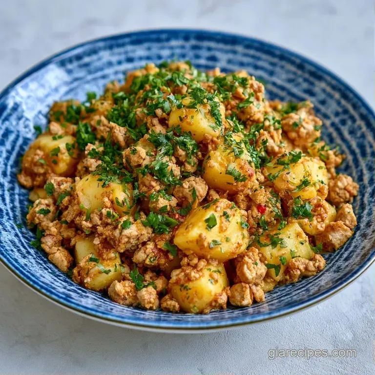 A shallow white bowl of minced meat and potatoes topped with fresh herbs, served beside warm, fluffy basmati rice.