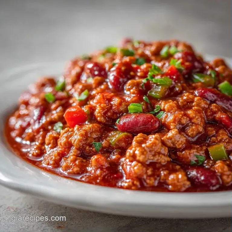 A ceramic bowl of steaming red chili topped with a dollop of cool white cream and bright orange shredded cheddar.