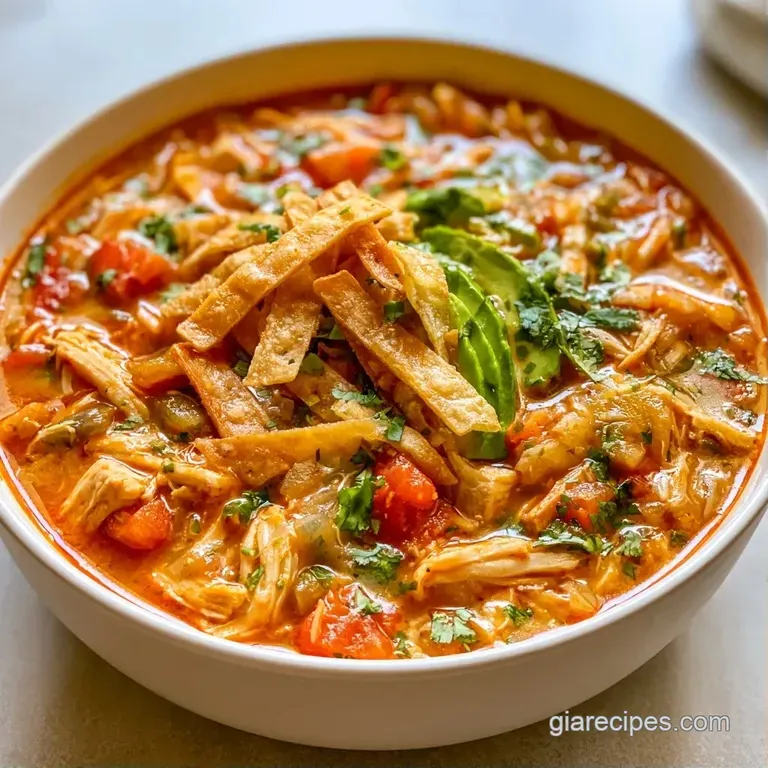 Vibrant red soup in a white bowl topped with creamy avocado, fresh cilantro, and golden crispy tortilla strips.