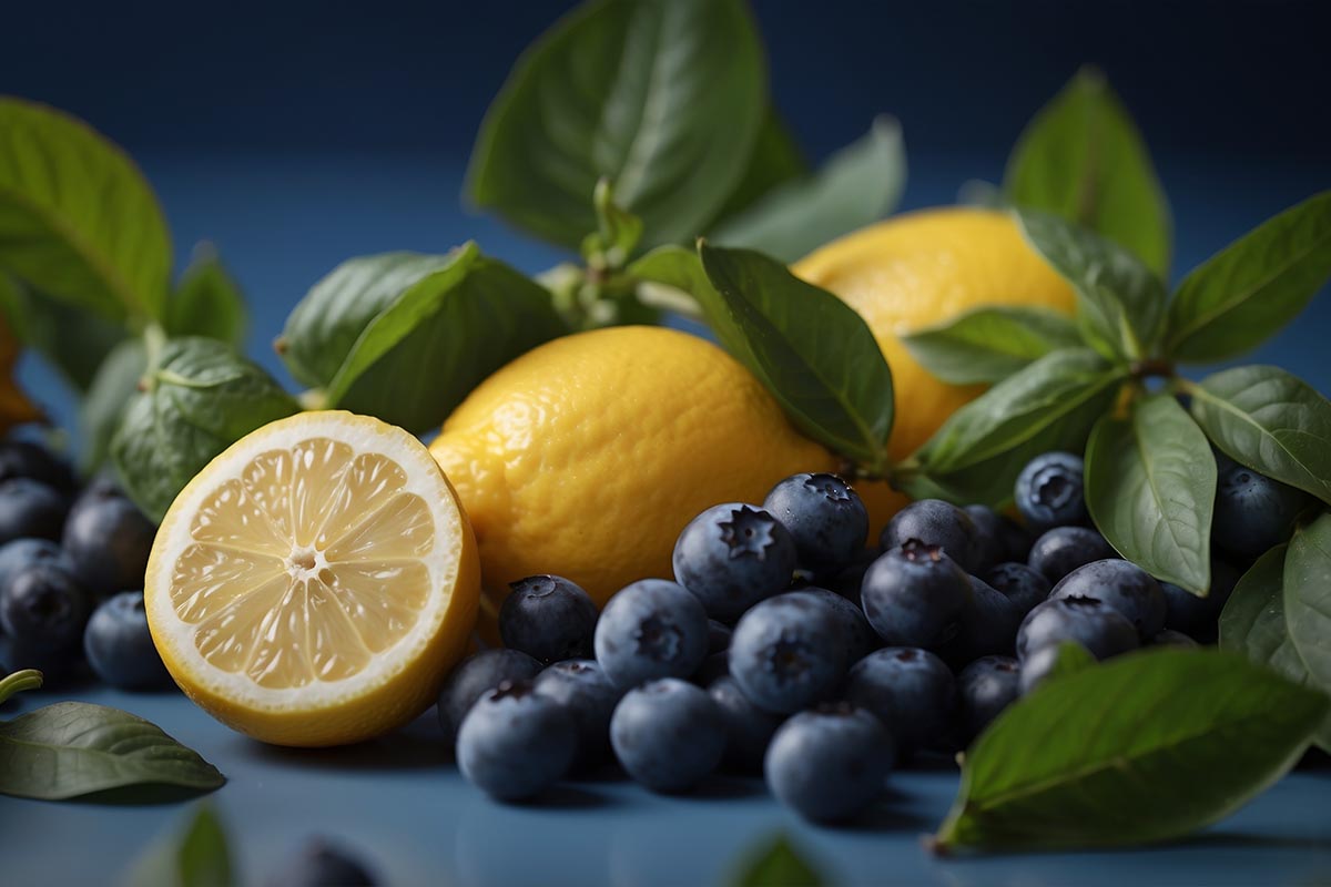 Lemon and blueberry together on a plate, highlighting the vibrant colors and perfect flavor pairing.