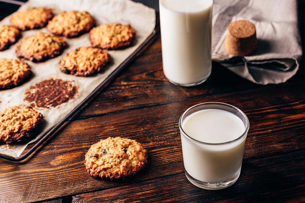 A batch of freshly baked milk cookies on a plate, golden brown and ready to enjoy with a glass of milk.