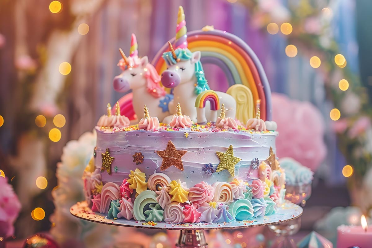 A beautifully decorated unicorn cake with pastel colors, a golden horn, and a rainbow mane, perfect for special celebrations.