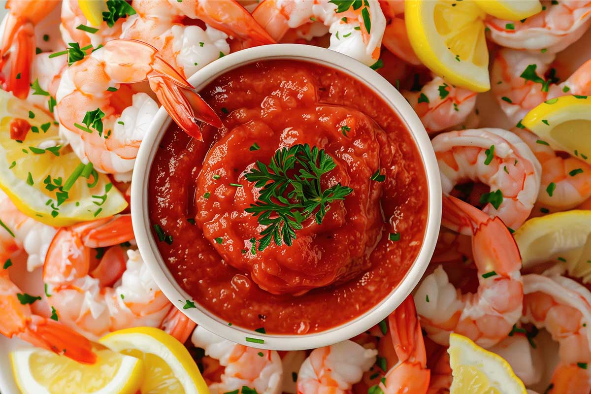 A rich and flavorful seafood boil sauce being drizzled over a variety of seafood including shrimp, crab, and lobster.