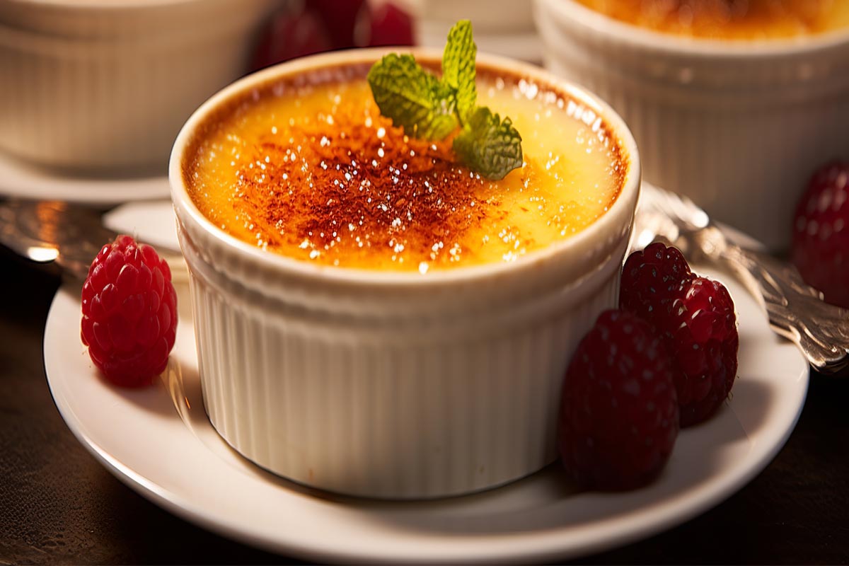 A classic crème brûlée dessert with a golden caramelized sugar crust.