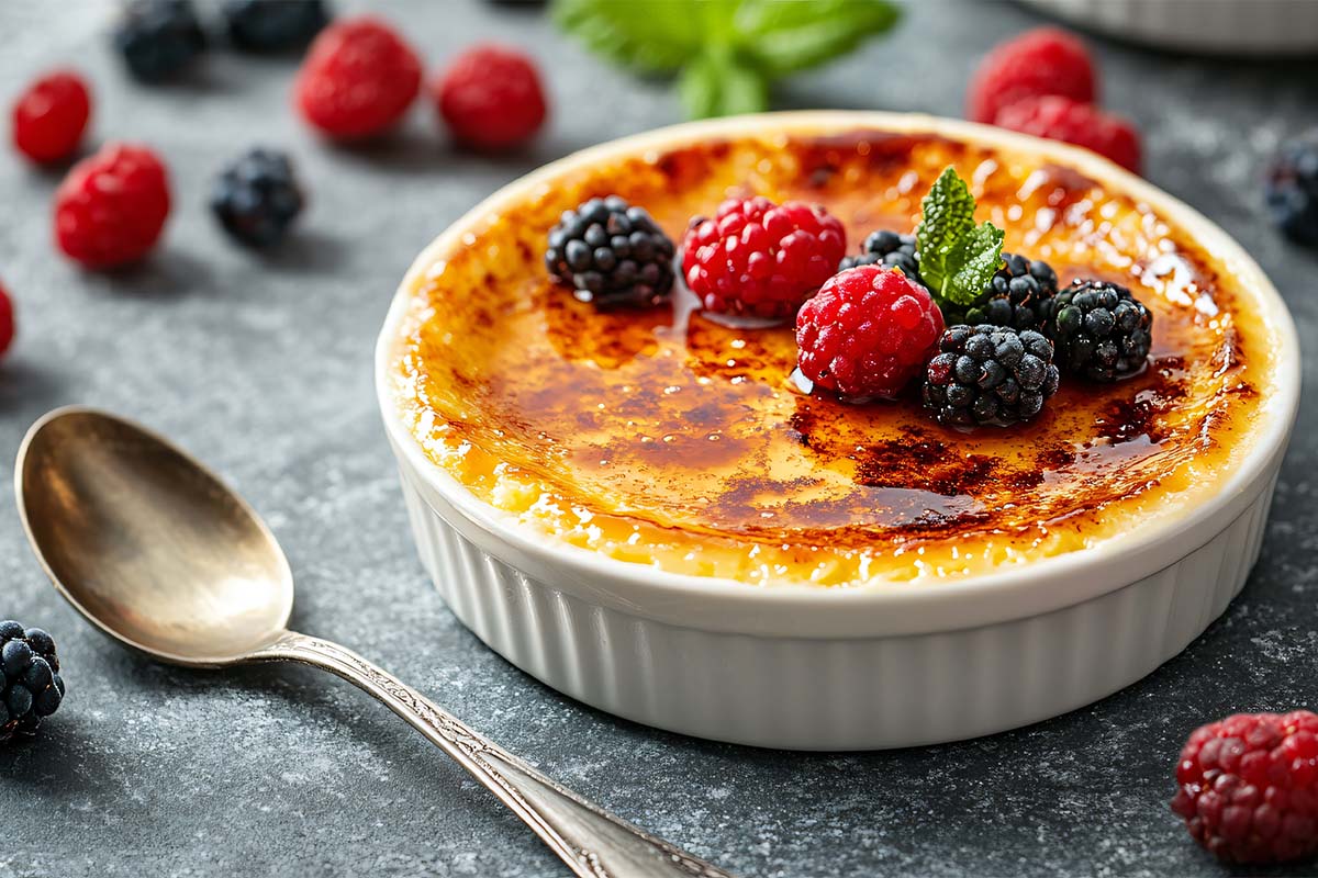 Rich custard dessert with caramelized sugar top, known as crème brûlée