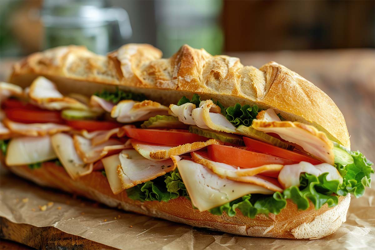 Freshly made French baguette sandwich with ham, butter, and vegetables