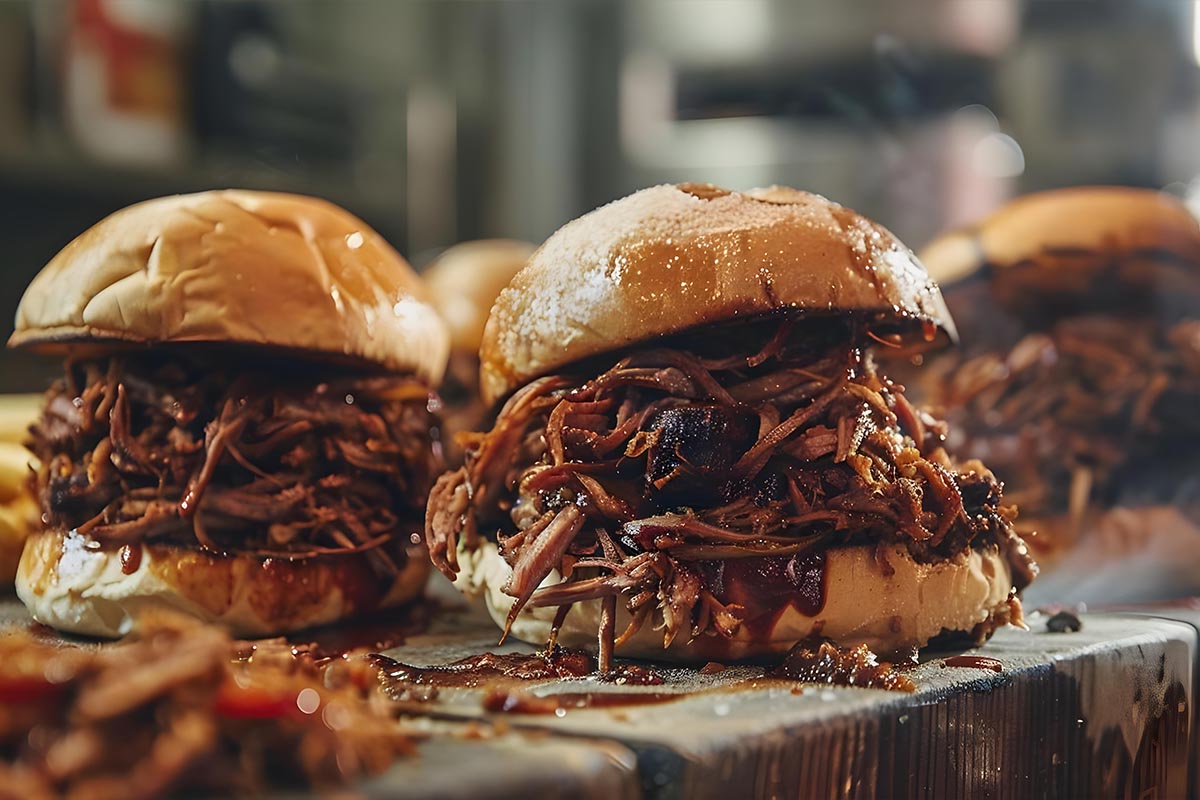 Brisket sandwich served with coleslaw and baked beans