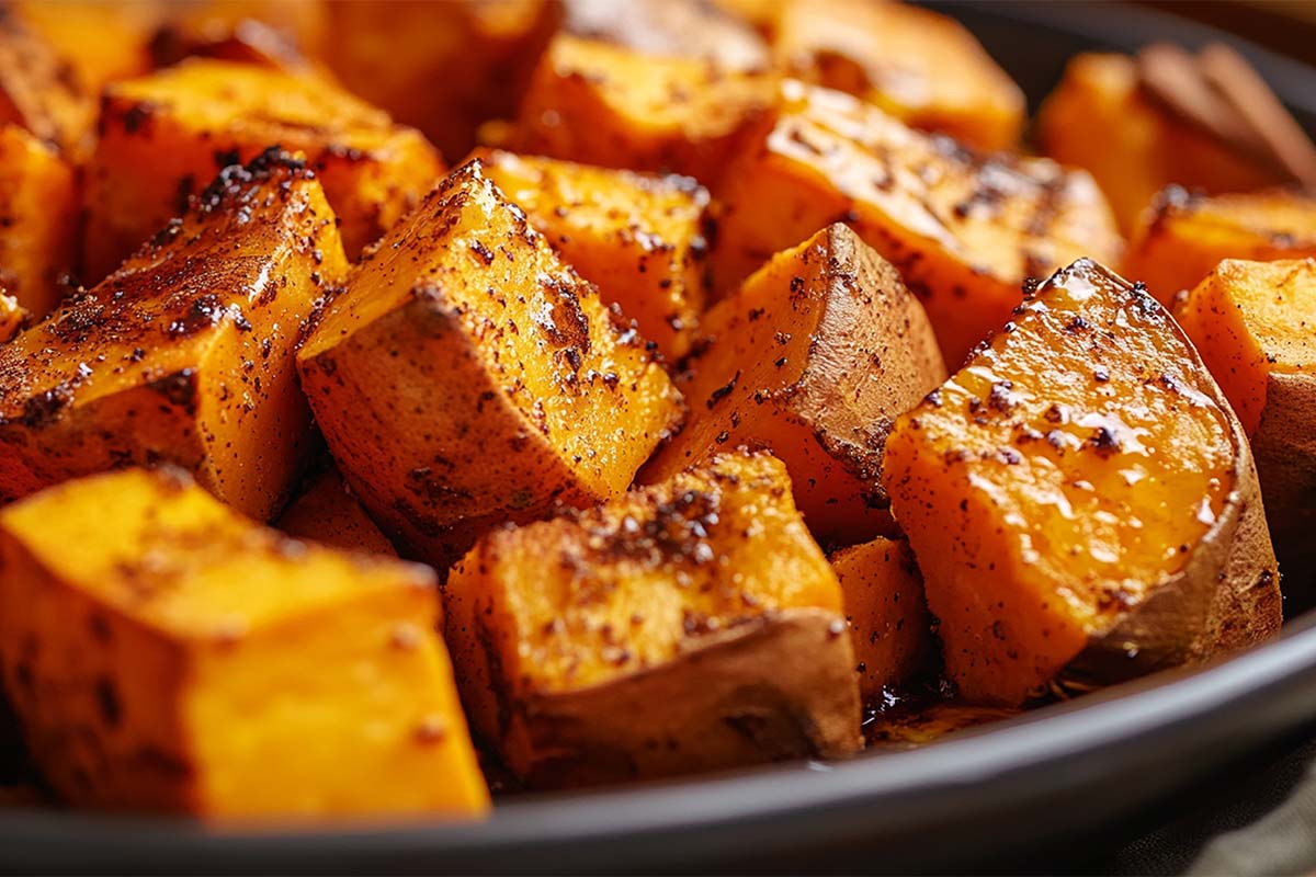 Crispy air fryer sweet potato cubes served in a bowl.