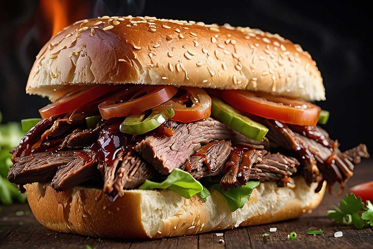 Juicy brisket sandwich with pickles, onions, and BBQ sauce on a toasted bun