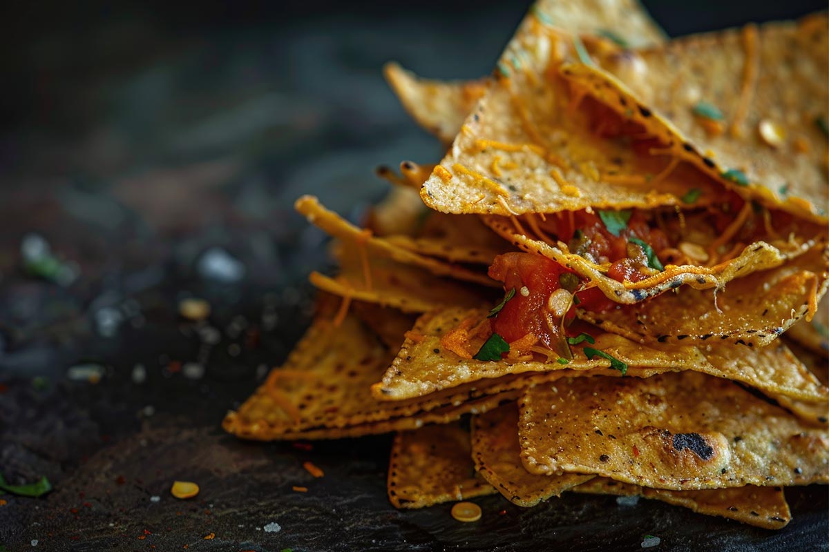 Low carb tortilla chips on a plate with a side of guacamole