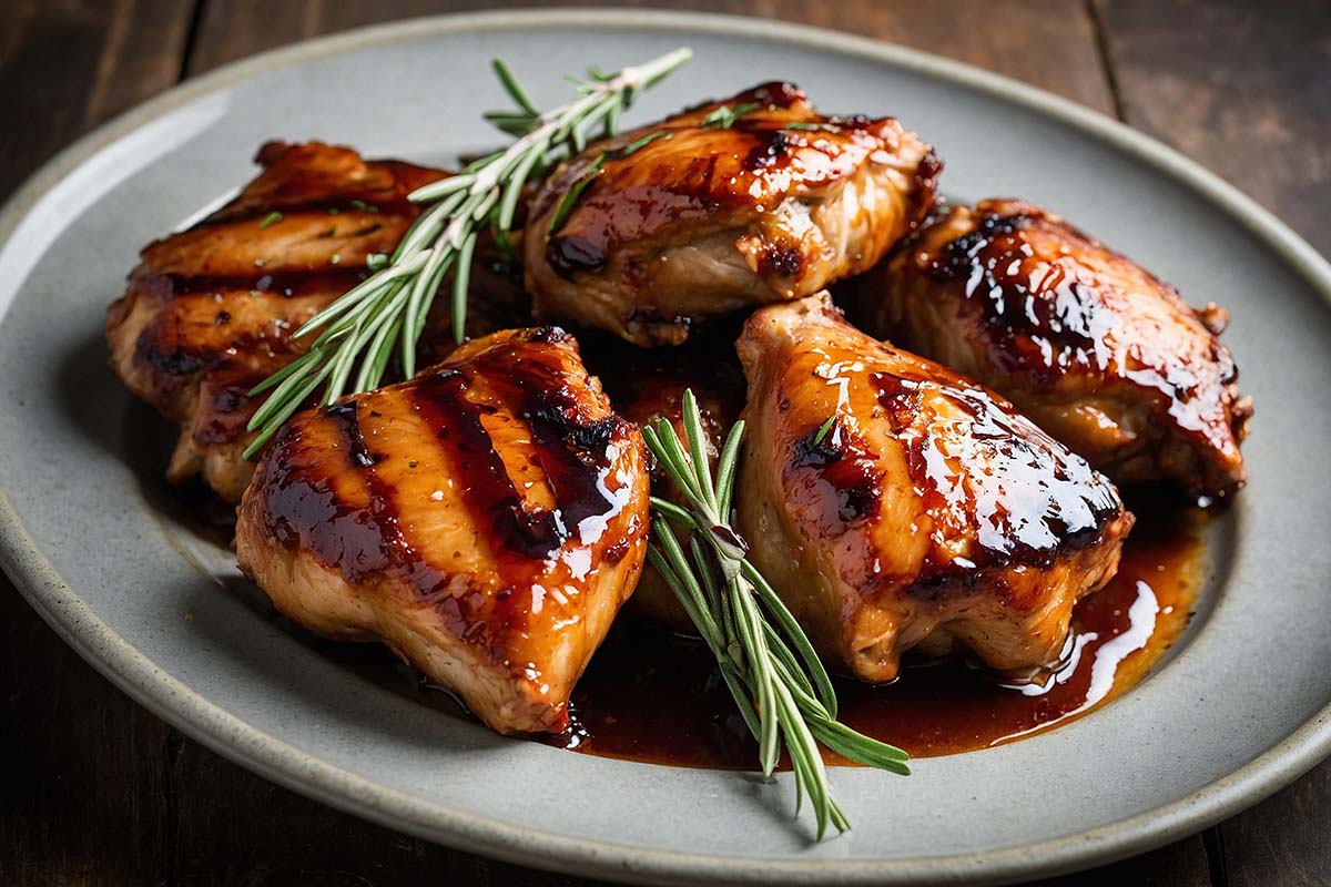 Chicken thighs being smoked at 225°F in a pellet smoker for juicy and flavorful results.