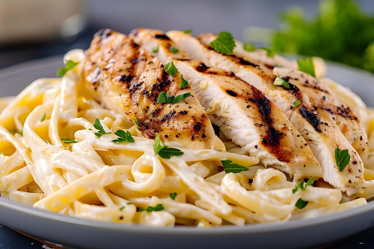 A bowl of creamy Garlic Parmesan Chicken Pasta garnished with parsley and red pepper flakes.