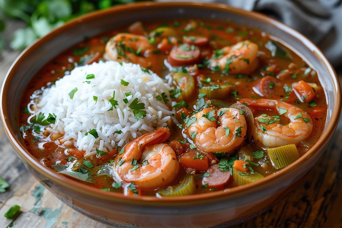 A bowl of traditional Louisiana gumbo with sausage and rice.