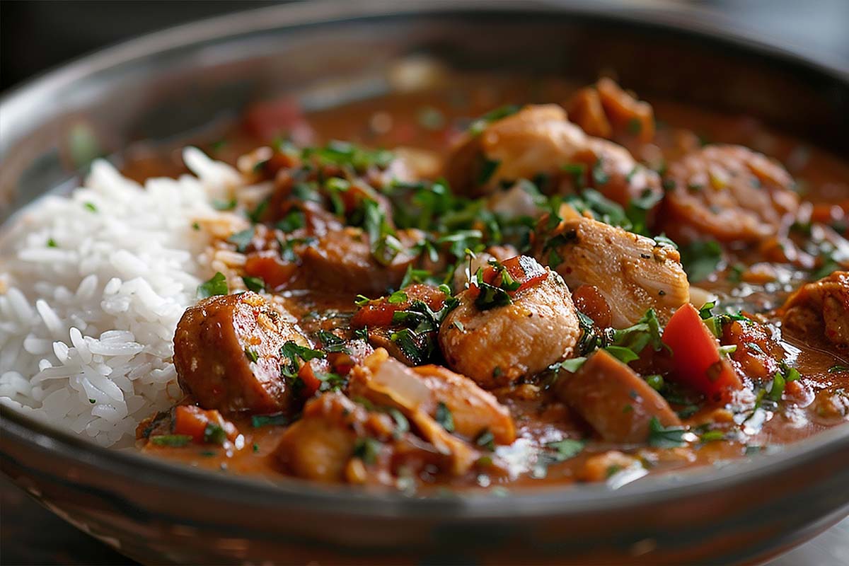 A bowl of hearty chicken and sausage gumbo served over rice with green onions