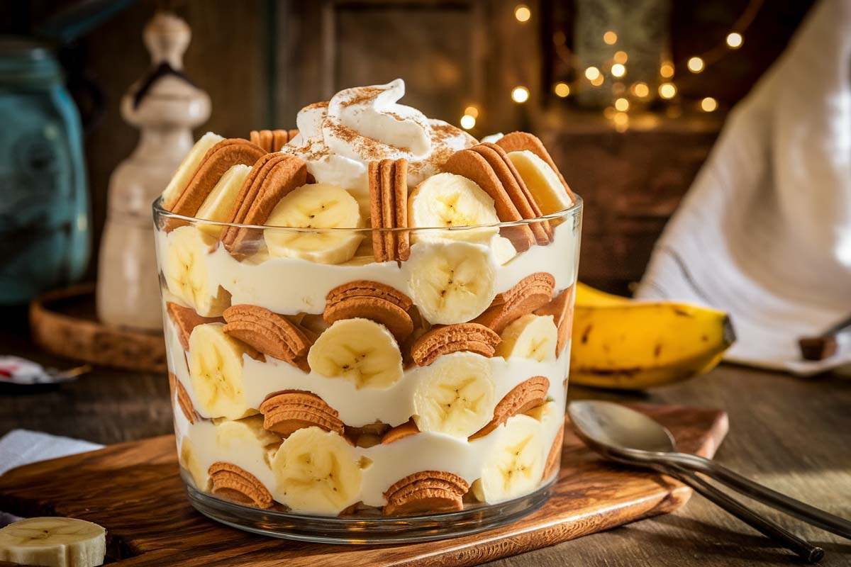 Layered banana pudding with Chessmen cookies and whipped topping