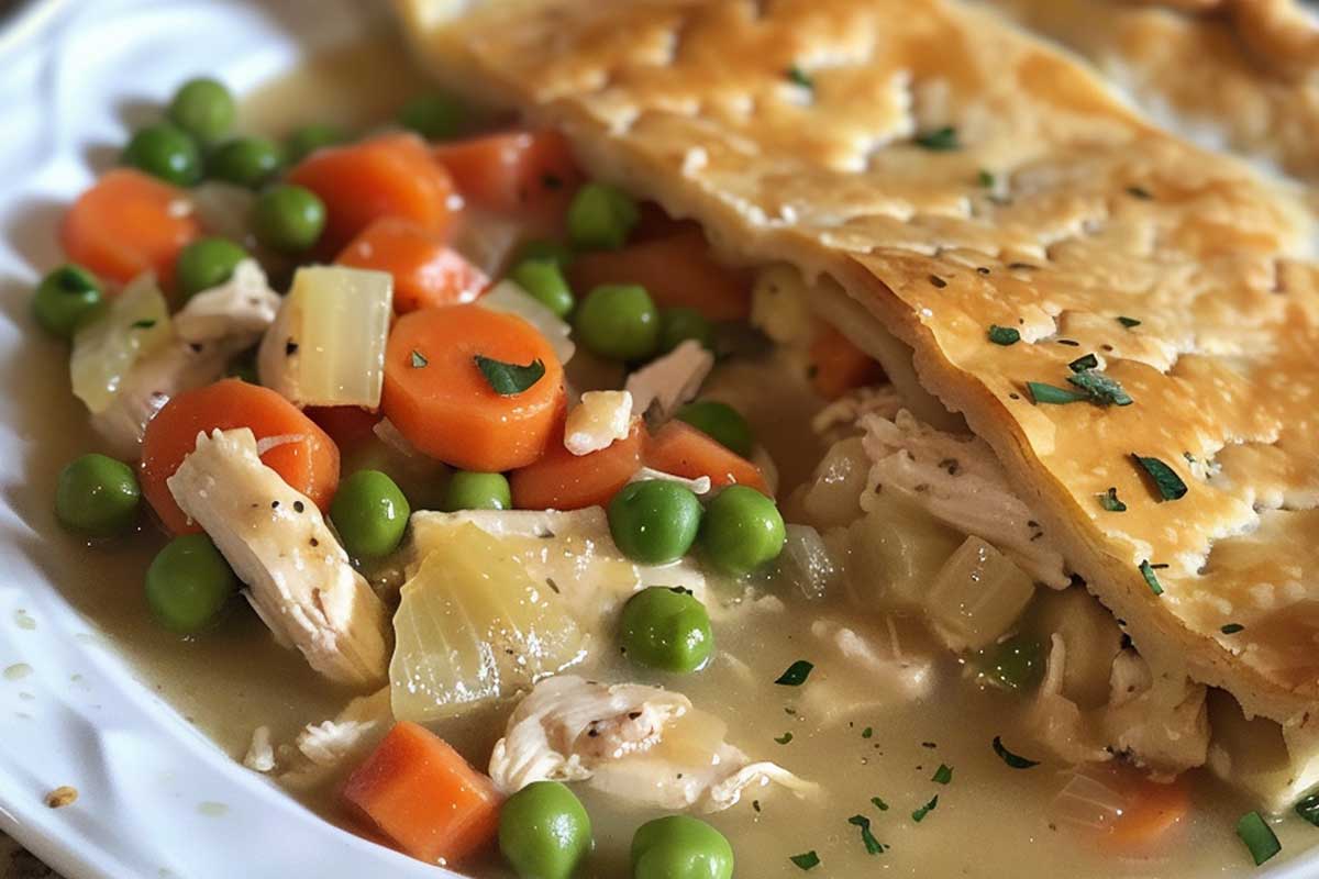 Hearty crock pot chicken pot pie topped with golden biscuits