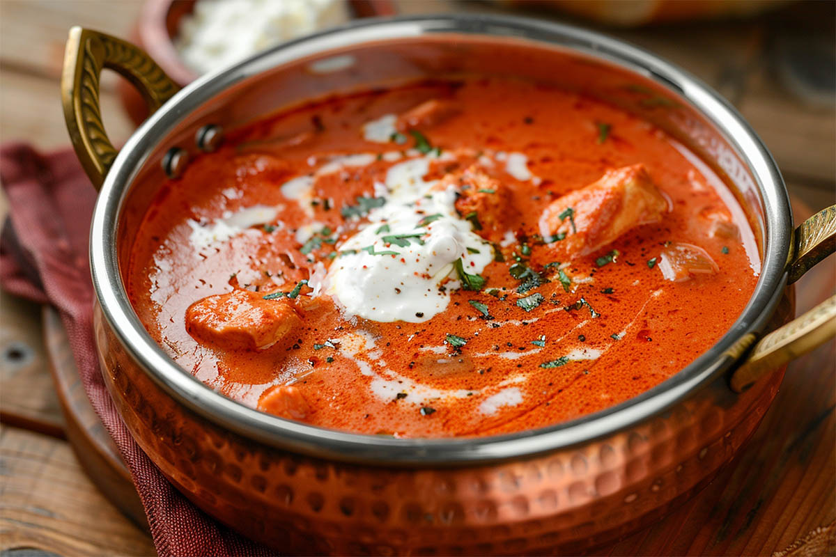 A bowl of creamy smoky chicken tomato bisque garnished with fresh herbs.