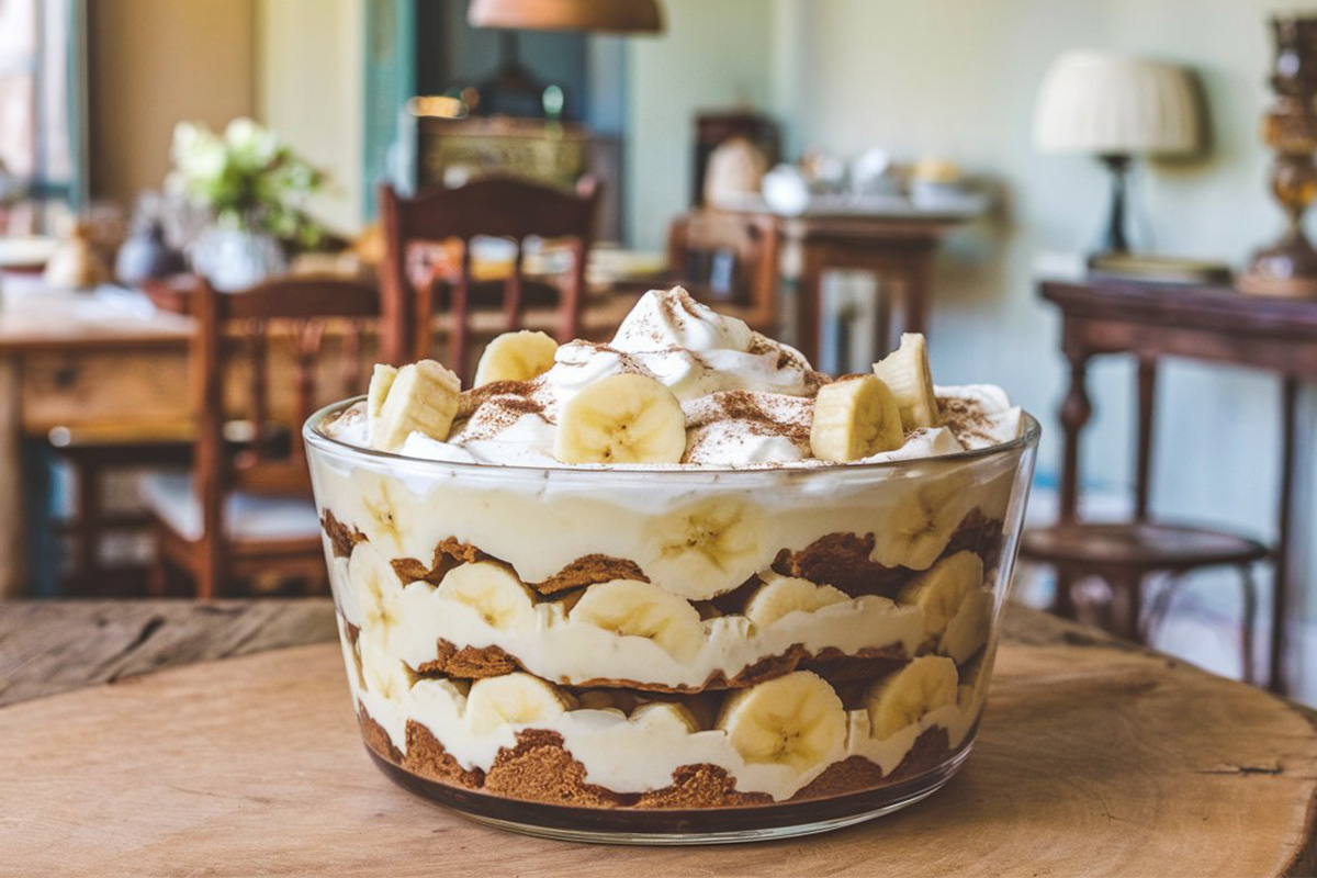 Paula Deen banana pudding recipe with layers of Chessmen cookies, bananas, and creamy pudding in a glass dish.