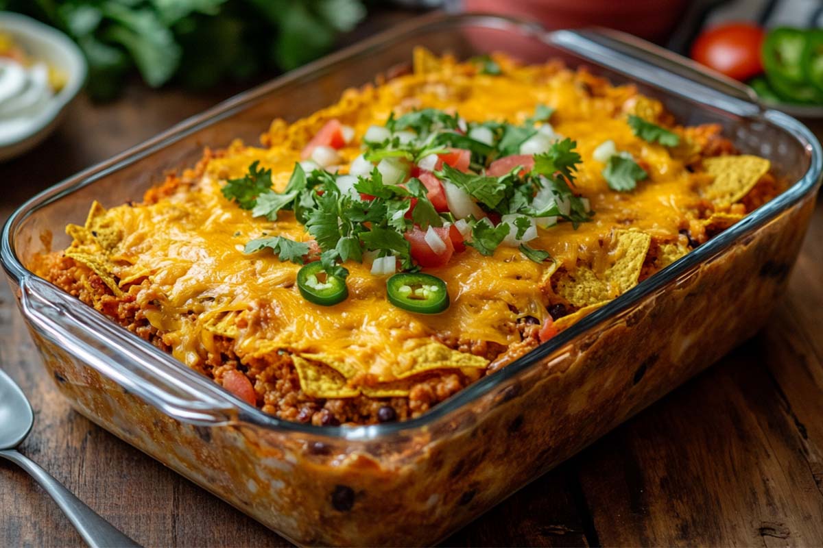 Cheesy walking taco casserole with chips and toppings