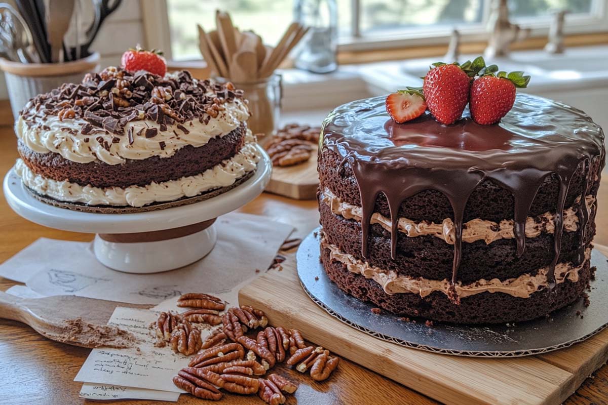 Chocolate cake next to a German chocolate cake with coconut-pecan frosting