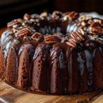 Moist and decadent German chocolate pecan pound cake topped with a rich coconut-pecan frosting