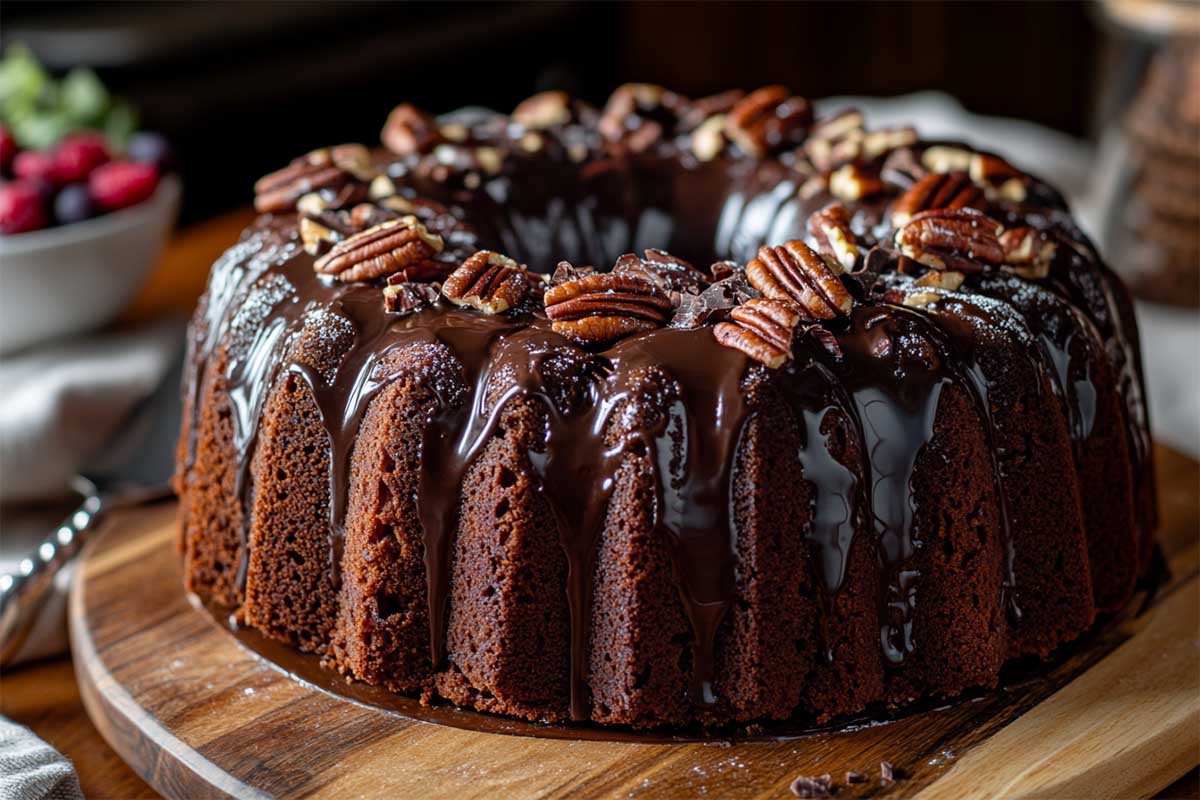 Moist and decadent German chocolate pecan pound cake topped with a rich coconut-pecan frosting